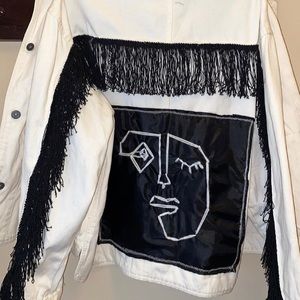 ONE OF A KIND Size large hand embroidered white denim jacket